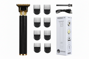 Hair trimmer set with attachments and packaging on a white background