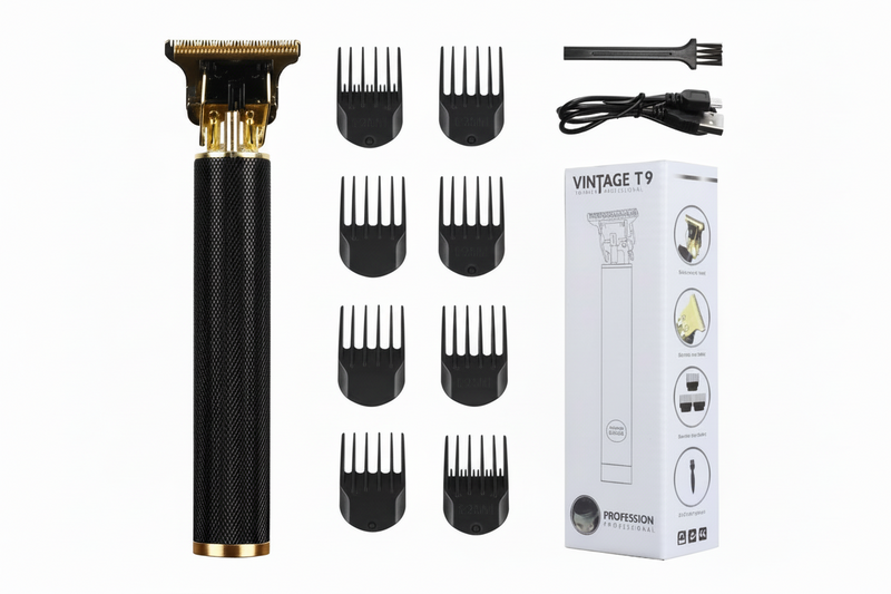 Hair trimmer set with attachments and packaging on a white background