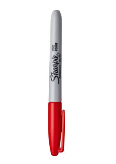 Sharpie marker with red body and gray cap on a white background