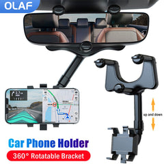Car phone holder with 360-degree rotatable bracket and smartphone displaying navigation app.