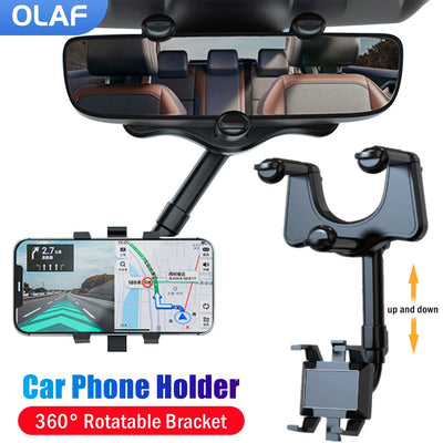 Car phone holder with 360-degree rotatable bracket and smartphone displaying navigation app.