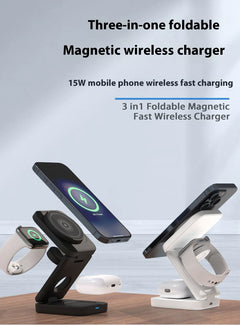 Three-in-one foldable magnetic wireless charger with smartphone, smartwatch, and bracelet on a wooden surface.