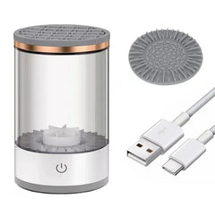 Portable air purifier with filter, USB cable, and power symbol on a white background
