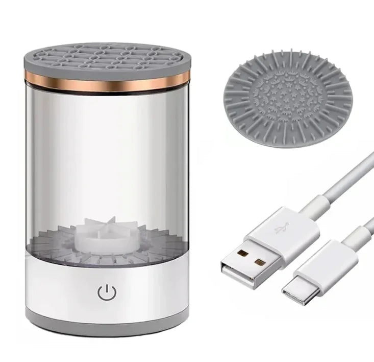 Portable air purifier with filter, USB cable, and power symbol on a white background