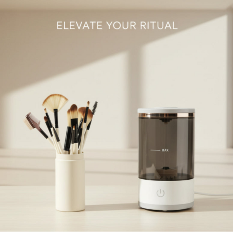 Makeup brushes in a holder next to a humidifier on a wooden surface.