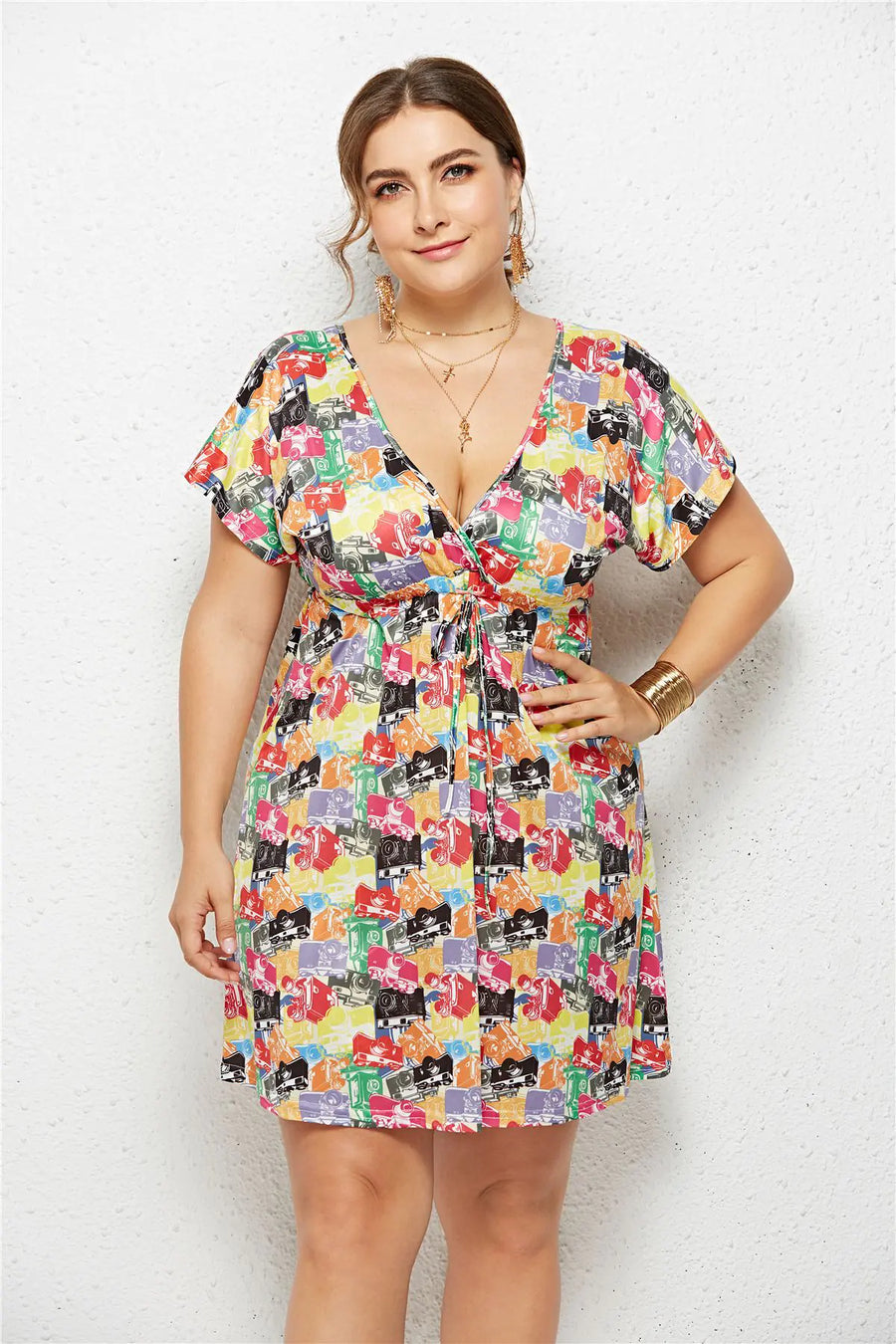 Elastic Waist V-Neck Printed Dress