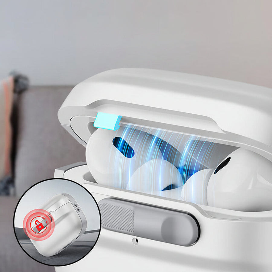 Wireless earbuds in a charging case with text on a gray background
