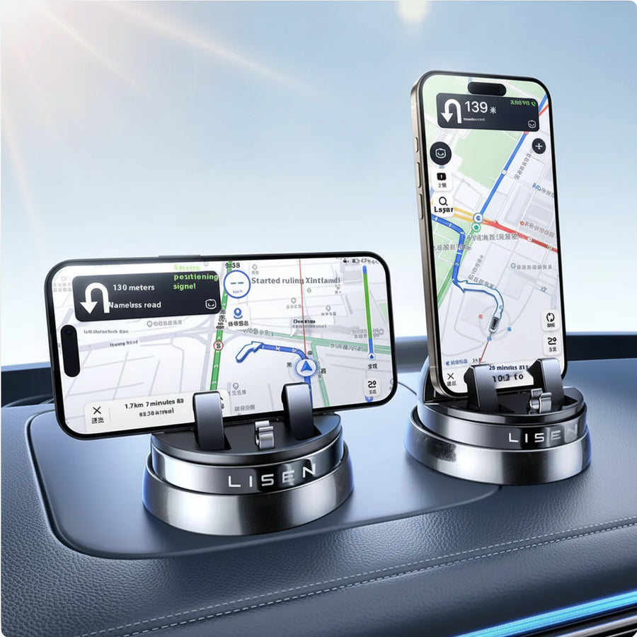 Two phone holders on a car dashboard with smartphones displaying navigation apps, labeled 'Lisen'.