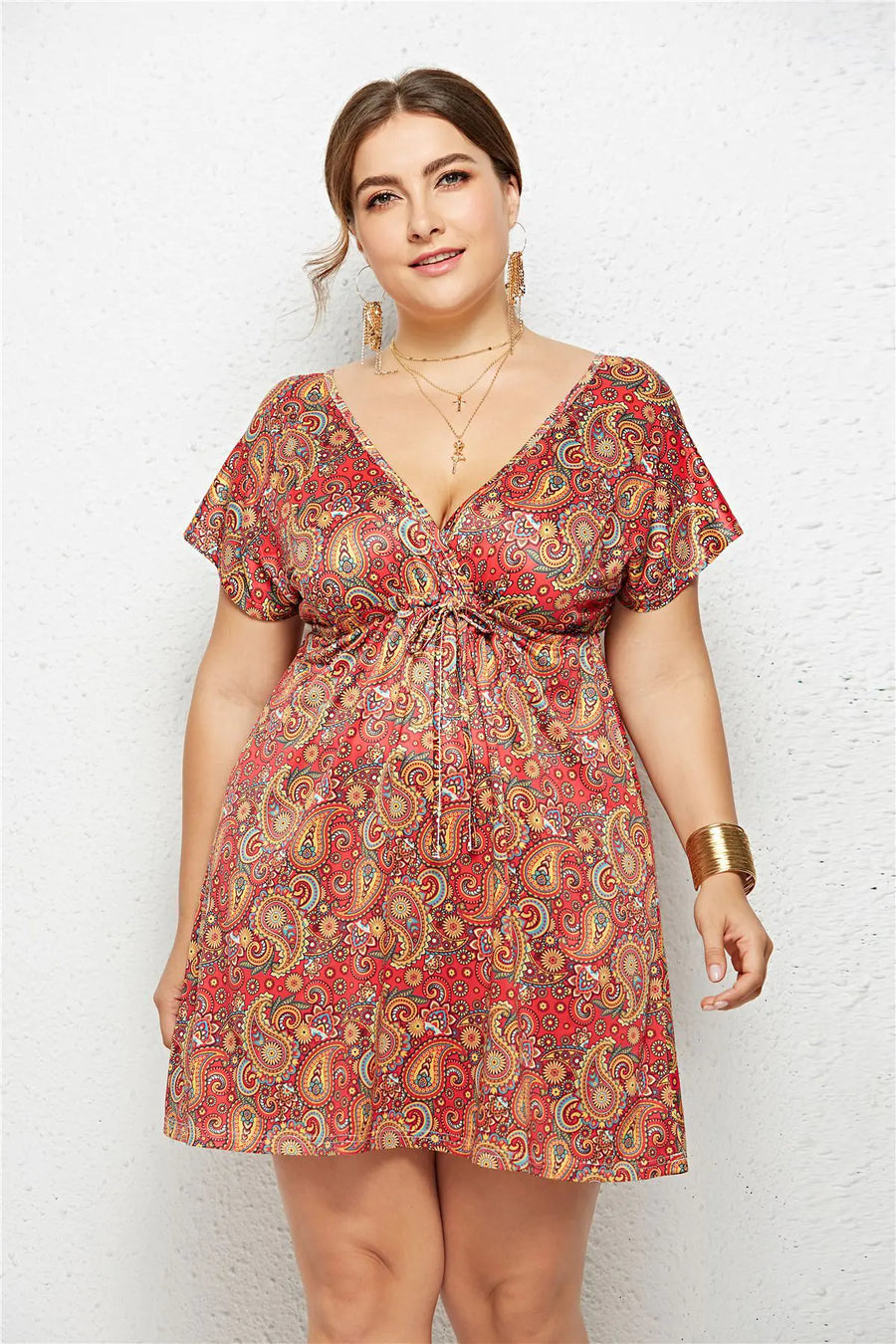 Elastic Waist V-Neck Printed Dress