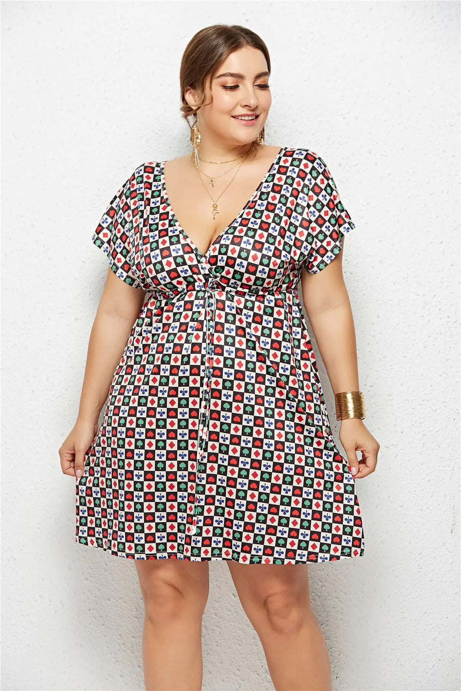 Elastic Waist V-Neck Printed Dress