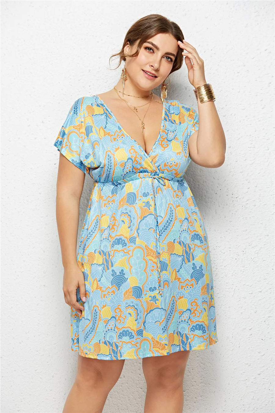 Elastic Waist V-Neck Printed Dress