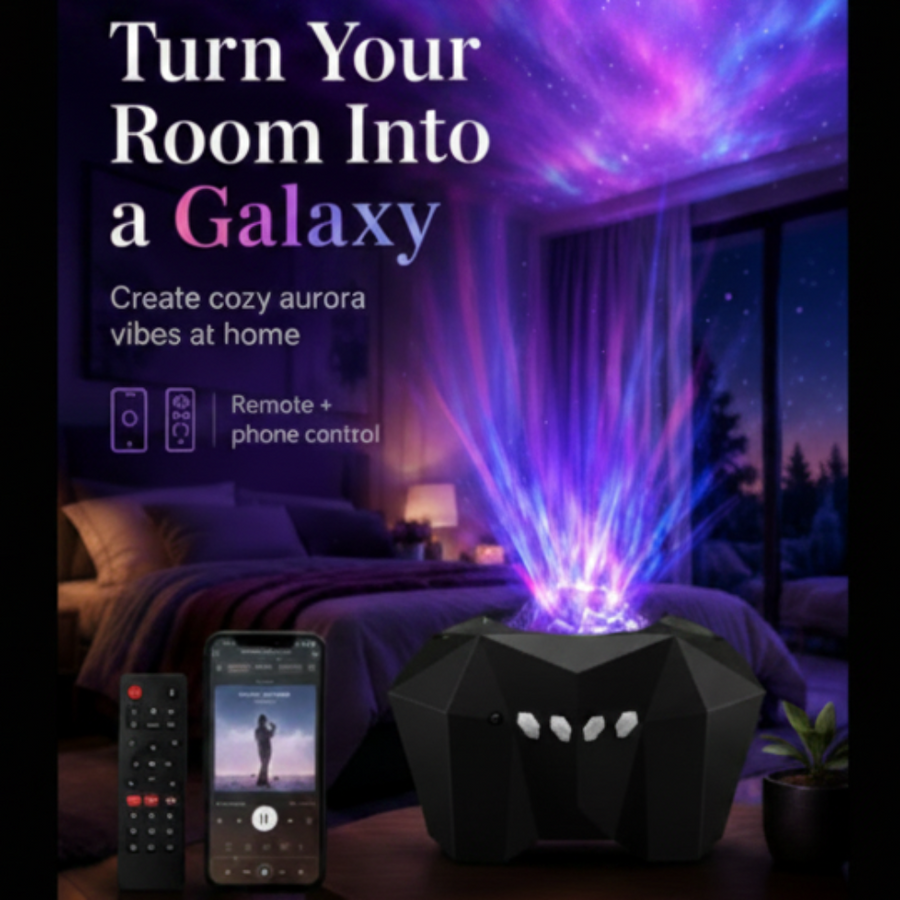Aurora light projector creating a galaxy effect in a bedroom with remote control and smartphone app.