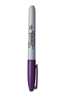 Purple Sharpie marker with packaging displaying model number and features on a white background