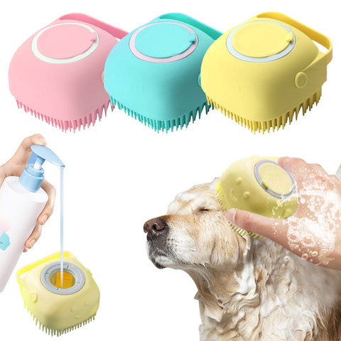 Colorful pet grooming tools with a dog being bathed and a hand holding a spray bottle.