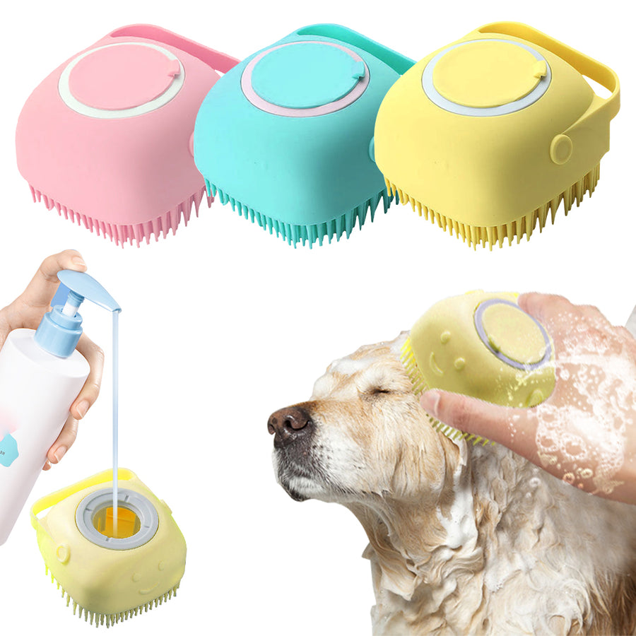 Colorful pet grooming tools with a dog being bathed and a hand holding a spray bottle.