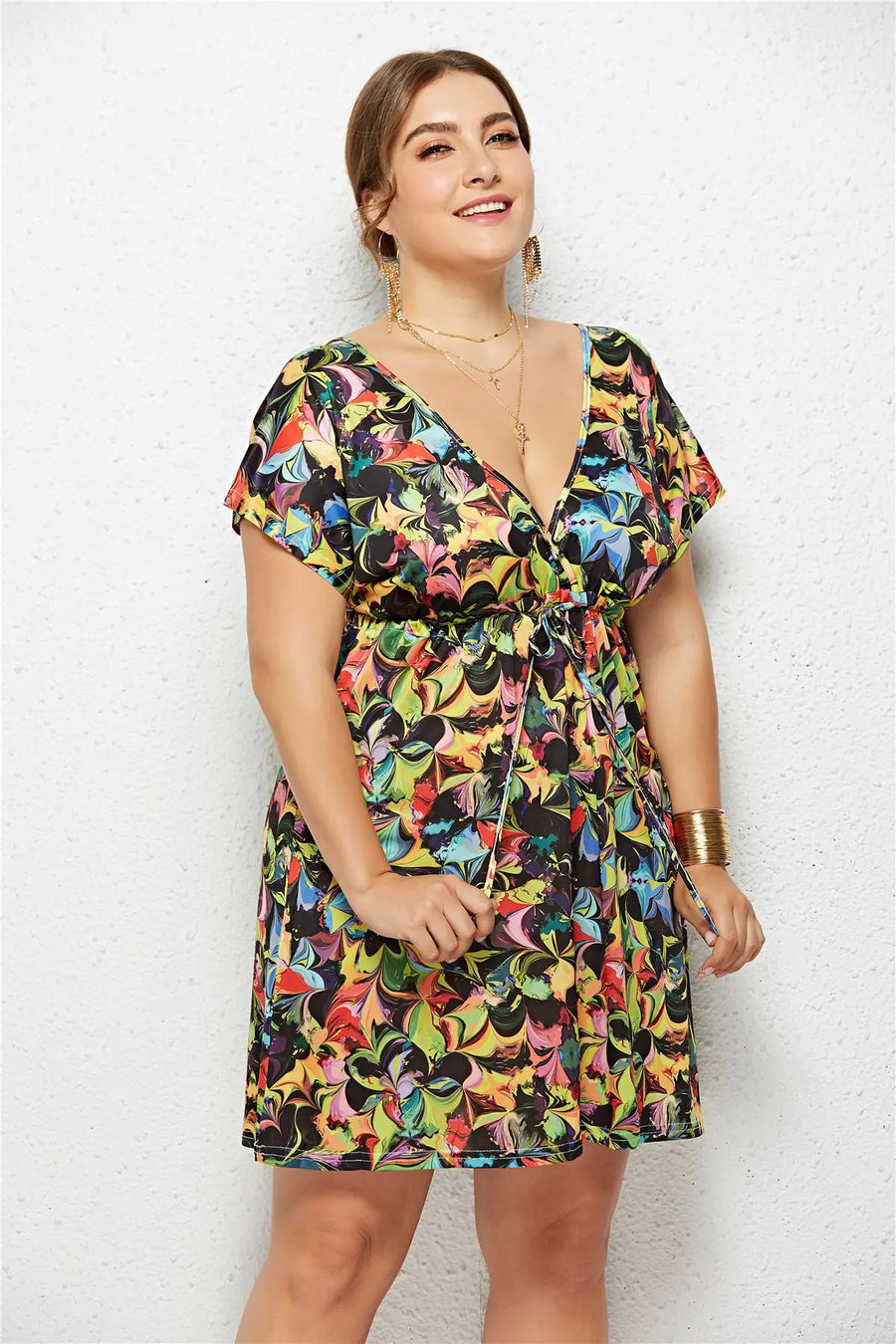 Elastic Waist V-Neck Printed Dress