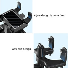Car air vent phone holder with 4-jaw and anti-slip design on a light blue background
