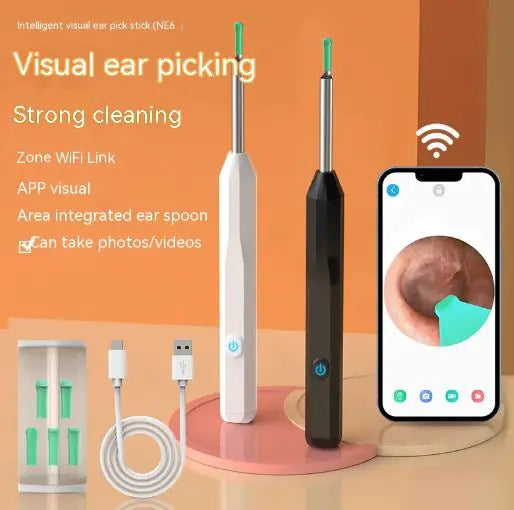 Visual ear picking device with smartphone app on an orange background