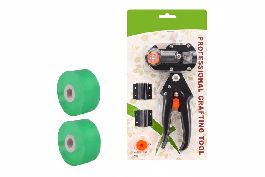 Grafting tool with packaging and green sleeves on a white background
