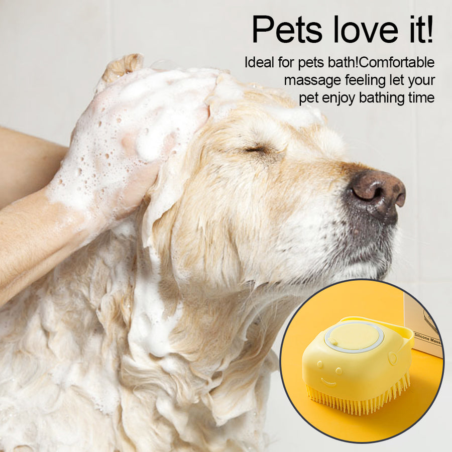 Dog being bathed with a yellow pet grooming brush, text indicating comfort and enjoyment during bath time.