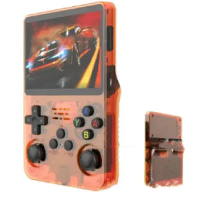Handheld gaming console with a retro design on a white background