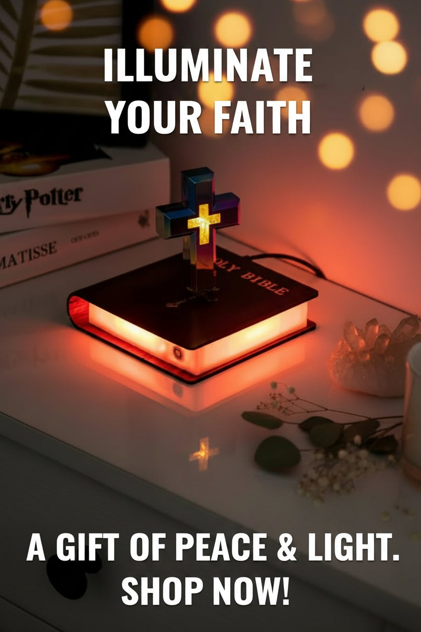 Cross-shaped lamp on a book with a blurred background