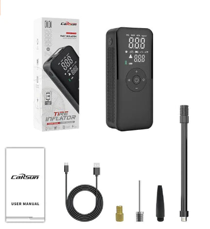 Carson digital tire inflator set with packaging, user manual, and accessories on a white background
