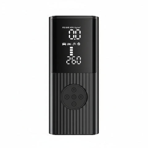 Black electronic device with digital display and measurement details on a white background