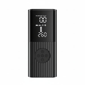 Black electronic device with digital display and measurement details on a white background