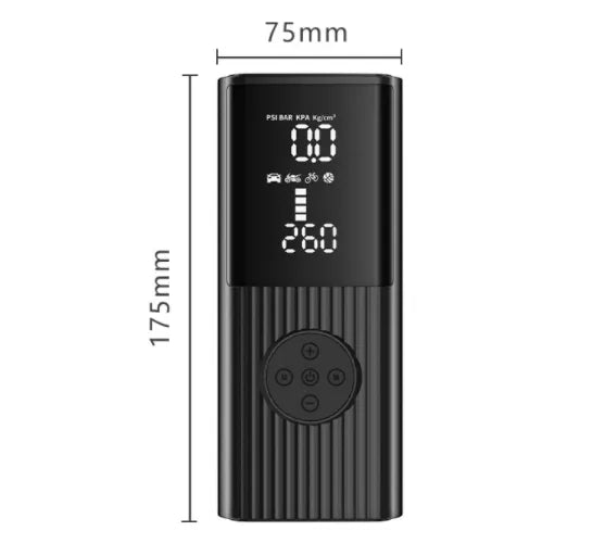 Black electronic device with digital display and measurement details on a white background