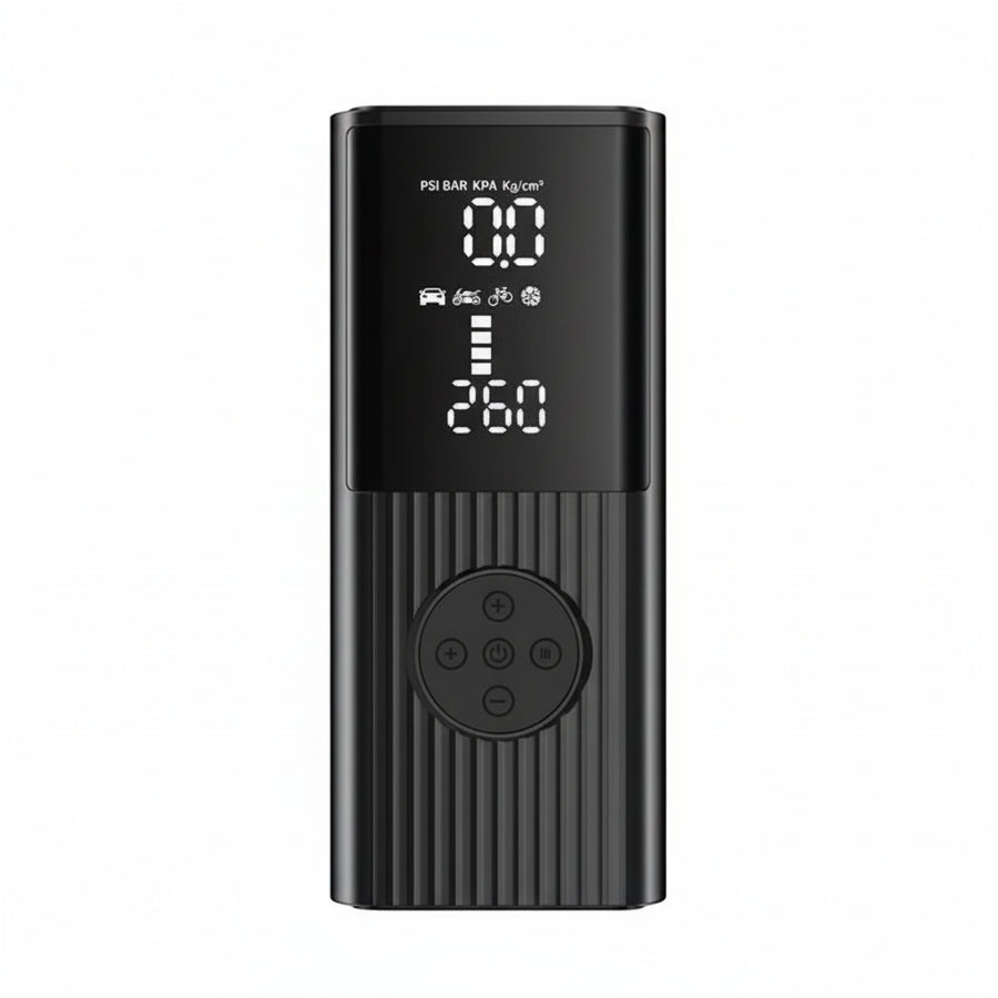 Black electronic device with digital display and measurement details on a white background