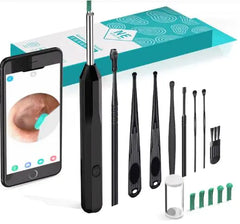 Ear cleaning tool set with smartphone app display, black handle, multiple attachments, and packaging.