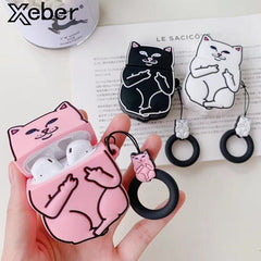 Pink cat-themed airpods case with black and white cat illustrations on a white background.