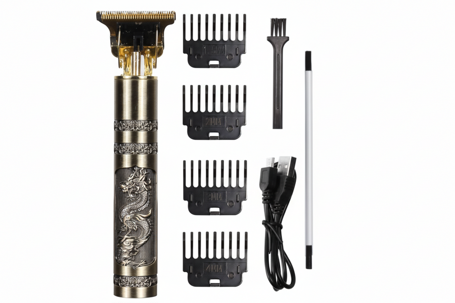 Hair trimmer set with dragon design, attachments, and charging cable on a white background