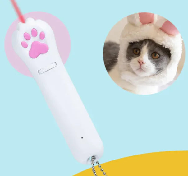 Cat toy with paw design and a cat wearing a cone on a blue background