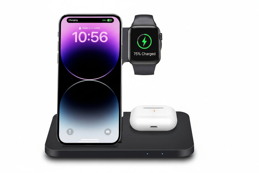 Wireless charging station with smartphone, smartwatch, and wireless earbuds on a white background