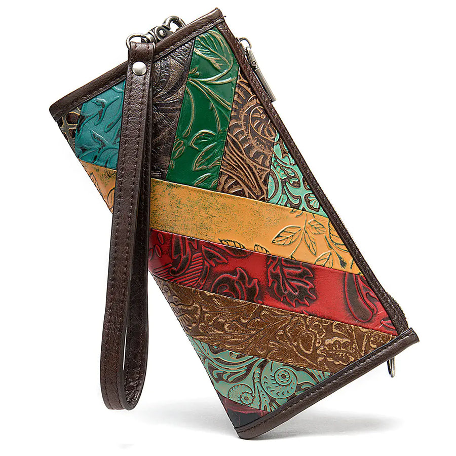 Multicolored leather wallet with patterns on a white background