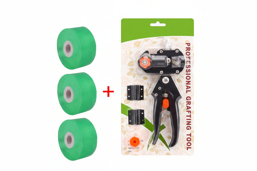 Grafting tool set with green tape and packaging on a white background