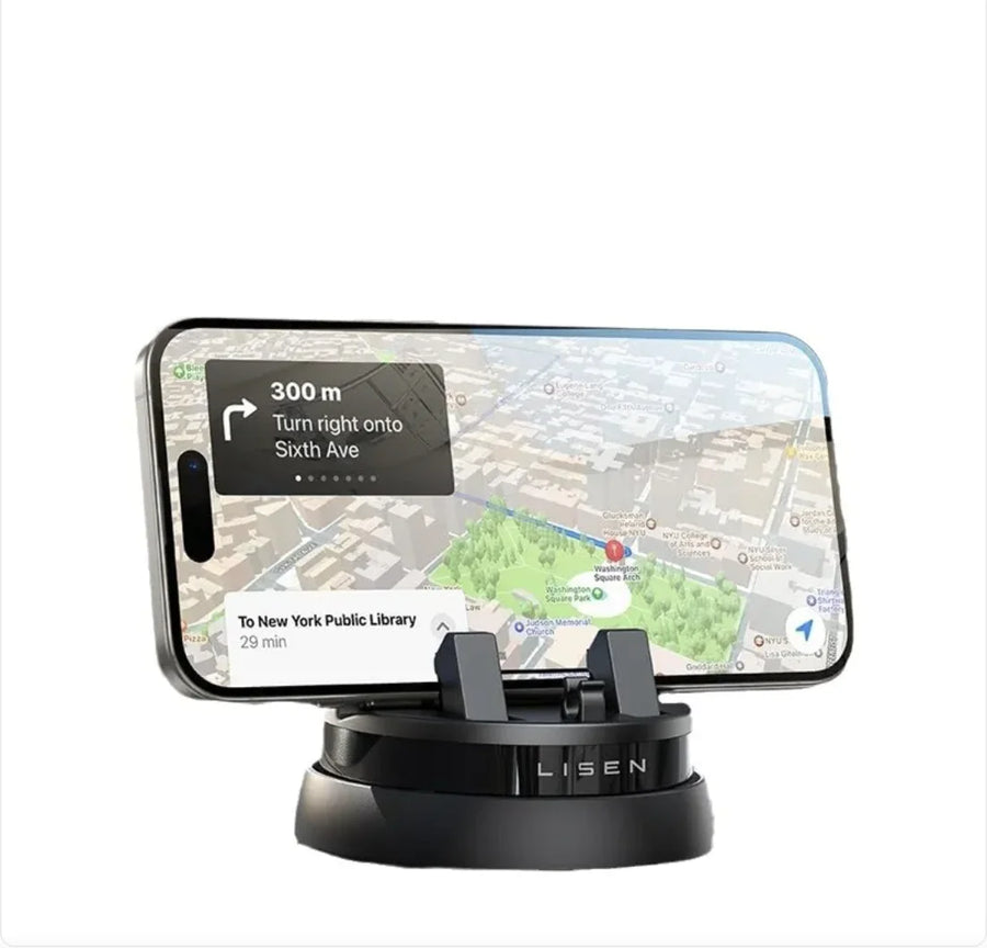 Phone mount with smartphone displaying navigation app on a white background