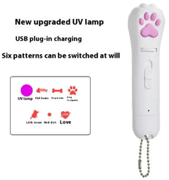 White UV lamp with paw print design on a white background, featuring USB charging and pattern switching capabilities.